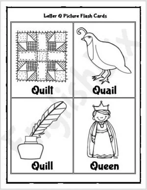 Pre-K phonics worksheet for identifying words and objects that start with the letter Q