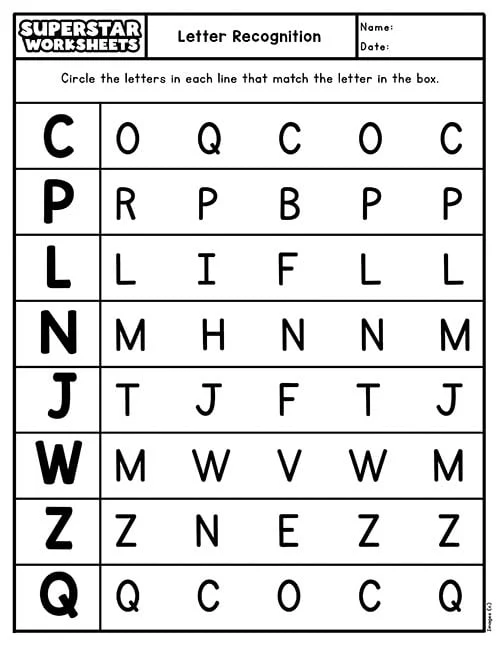 Worksheet for assessing letter recognition skills in preschool students