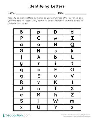 Worksheet for assessing preschool students' letter recognition skills
