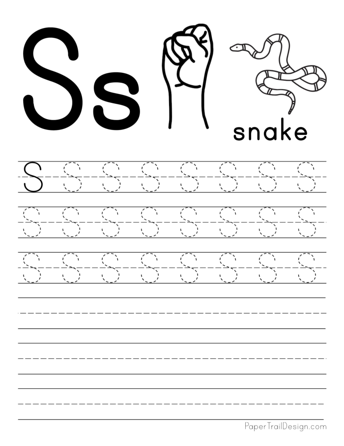 A prekindergarten child tracing curved lines and the letter S on a writing worksheet to develop fine motor skills