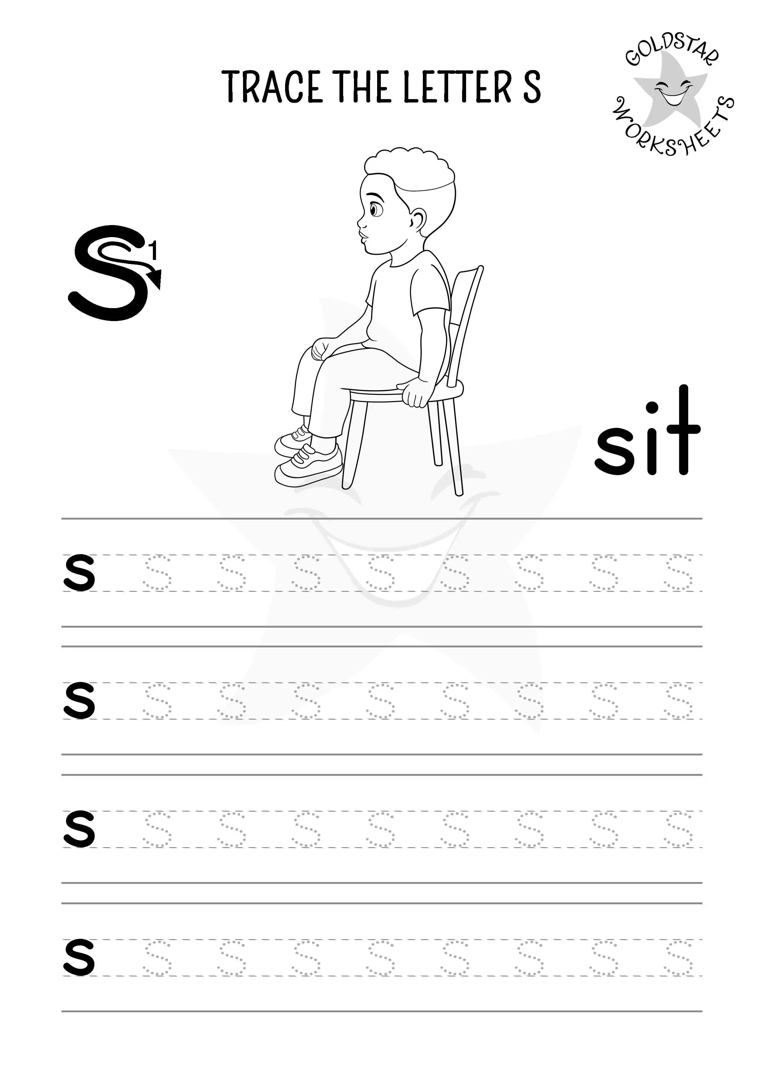 Prekindergarten worksheet showing lines and the letter S for tracing practice