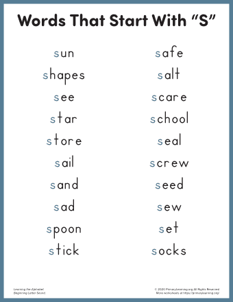 Worksheet featuring various objects that begin with the letter S for phonics practice. Fun learning activity for Pre-K children to identify words starting with S!