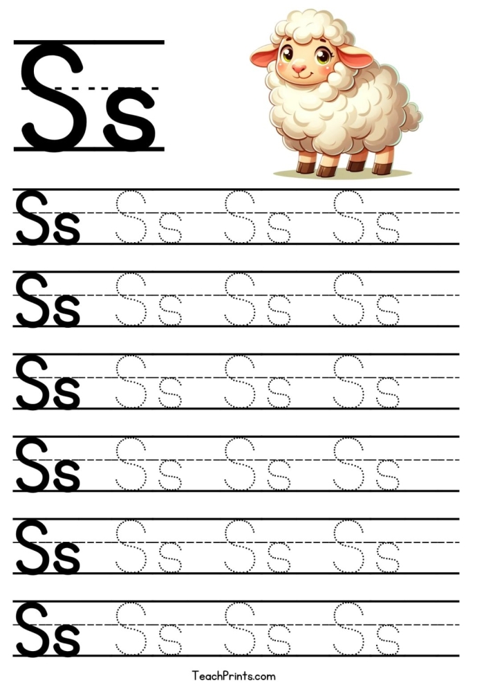 Pre-K student worksheet showing guided tracing exercises for the uppercase and lowercase letter S