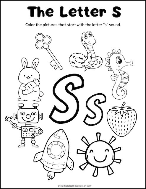 Children practicing letter S recognition and writing on a colorful Pre-K worksheet with tracing activities