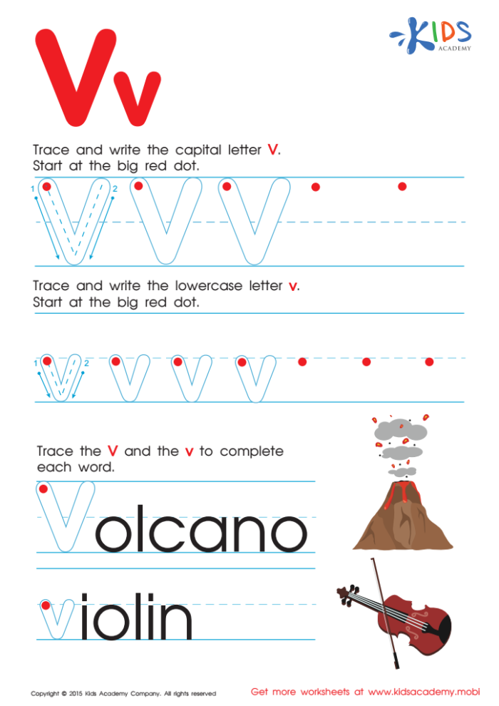 Geometry worksheet for Pre-K Kids practice tracing the letter V on a fun worksheet designed for prekindergarten learners. Practice Tracing the Letter V worksheet for Pre-K students to enhance fine motor skills.
