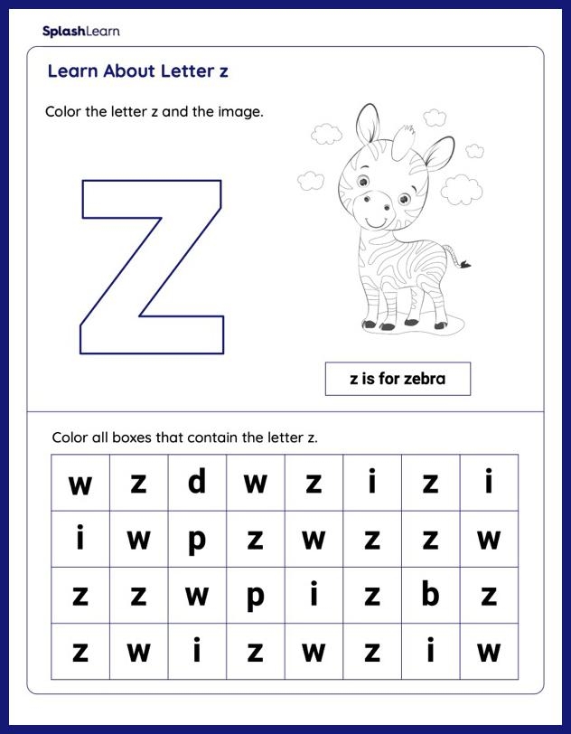 Pre-K worksheet activity for identifying words starting with the letter Z
