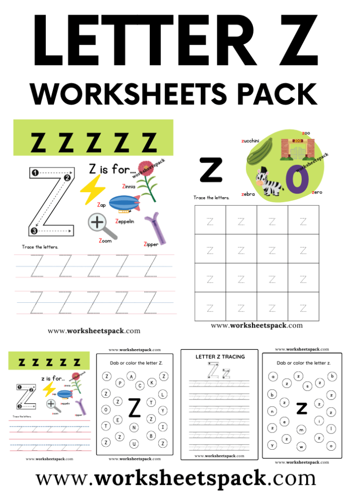 Letter Book Z worksheet featuring words that start with Z for Pre-K students