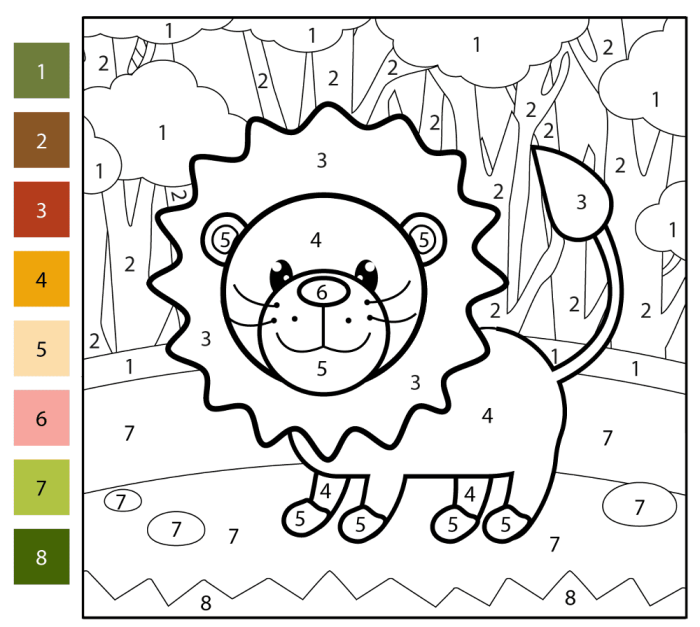 Color by Number Lion Activity for Pre-K Learners A cute lion face divided into sections labeled with numbers for children to color by number