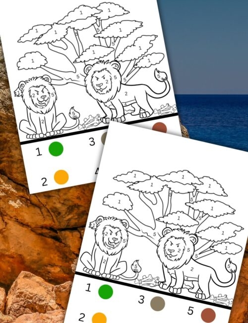 Lion theme color by number printable for preschool number recognition Pre-K color by number worksheet featuring a cute lion for sight word and math practice