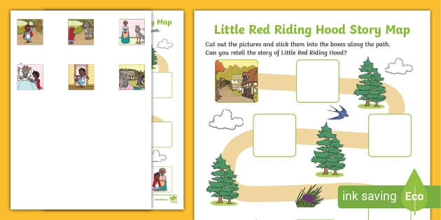 Coloring worksheet featuring a Little Red Riding Hood scene for Pre-K addition practice
