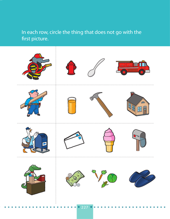 Pre-K students identifying the odd community helper image for a place value worksheet