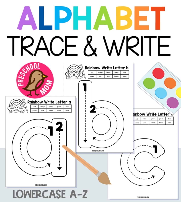 Colorful worksheet featuring alphabet blocks for tracing lowercase letters