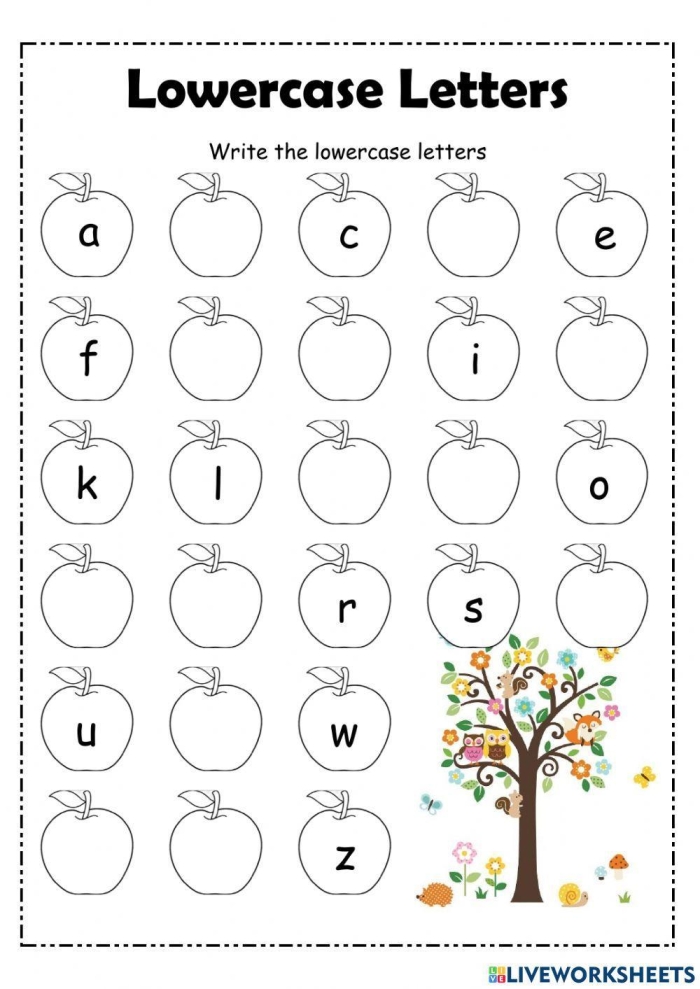 A child traces the lowercase letters A through Z on a fun alphabet blocks worksheet for Pre-K students