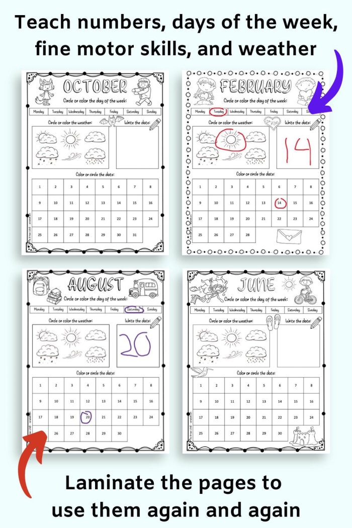 Preschool student filling in numbered dates on a blank March calendar worksheet with spring illustrations