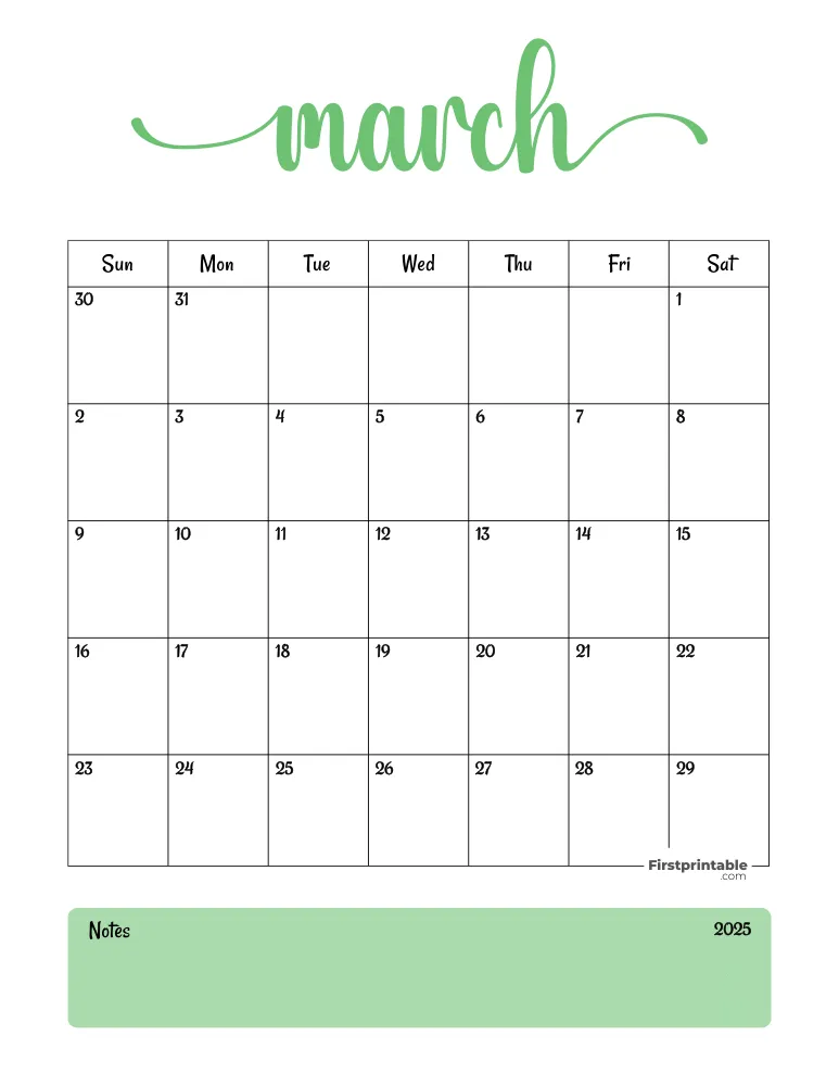 Preschool March calendar worksheet with empty date boxes for practice