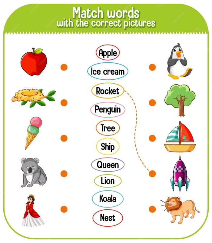 Matching Words Worksheet 8 for Preschool Pattern Recognition Pre-K students matching identical sight words in a pattern recognition exercise