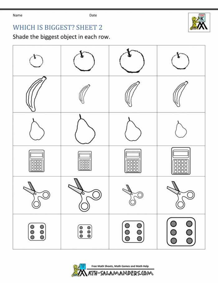 Worksheet for kids to determine which object is larger, enhancing math skills.