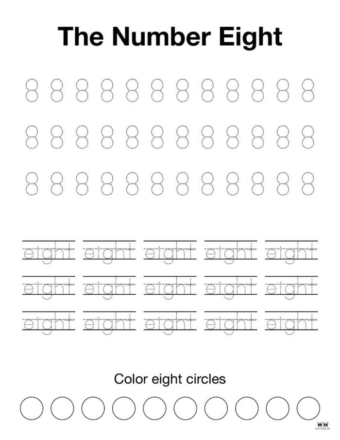 Pre-K worksheet featuring the number 8 with counting practice for early math skills