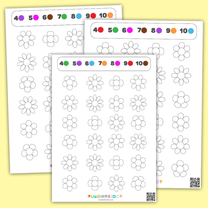 Children's Count and Color the Flowers worksheet for Pre-K learners, featuring positional words and counting activities