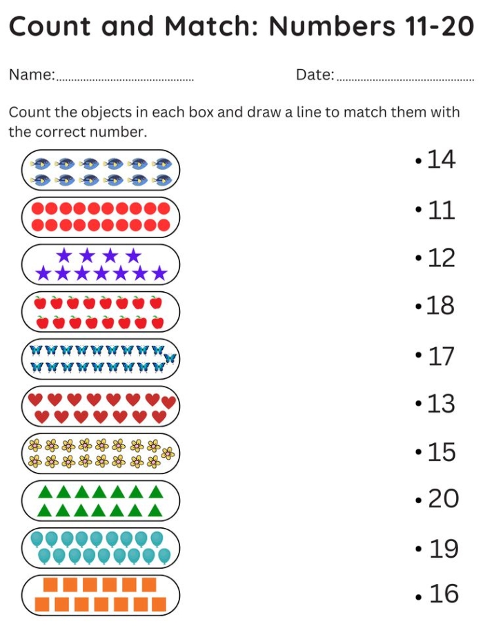 Kindergarten math practice worksheet showing addition with one more number matching exercise A child's hand pointing to groups of objects while practicing adding one more in a math worksheet activity