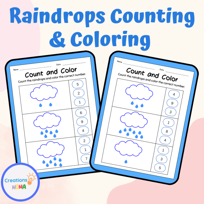 Counting Raindrops worksheet for Pre-K students showing rows of raindrops to be matched with numbers
