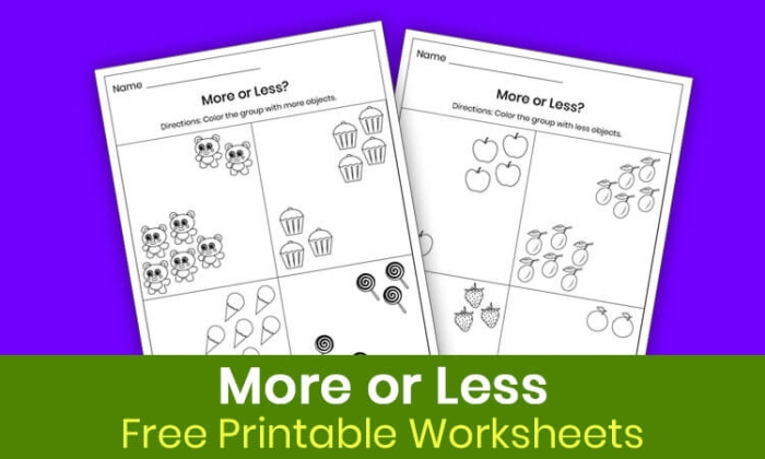 Preschoolers count and compare colorful geometric shapes on this More or Less math worksheet