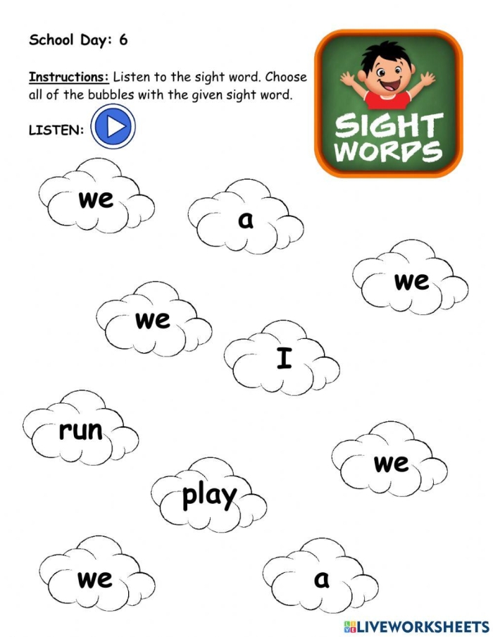 Worksheet designed to enhance early literacy skills with the sight word "me" through decoupage activities