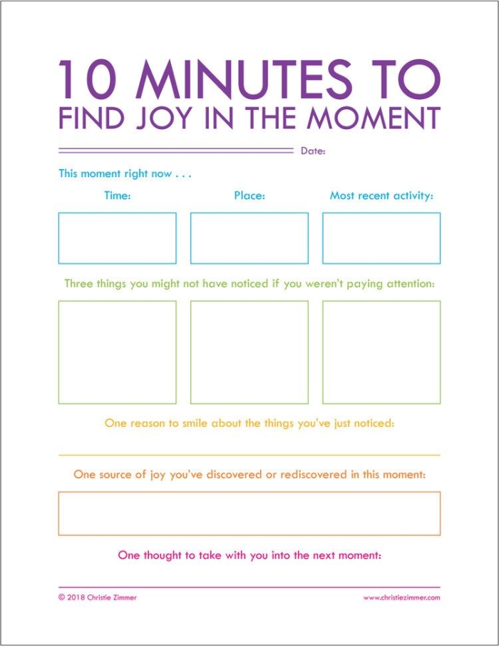 A worksheet showing children exploring mindfulness through their five senses with activities focused on the present moment