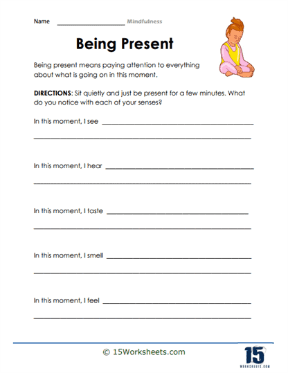 Pre-K children exploring their five senses through mindfulness activities on a worksheet designed to teach present moment awareness