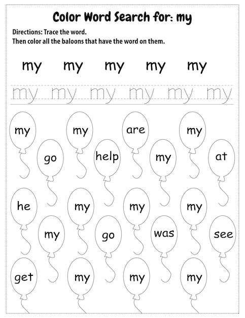Sight word worksheet for preschoolers focusing on the word "my" to enhance reading skills