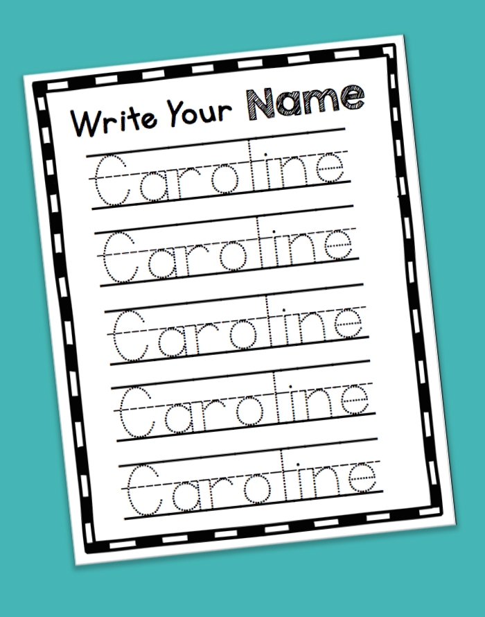 Pre-K students practicing writing their own names on an assessment worksheet with blank lines and name tracing guides