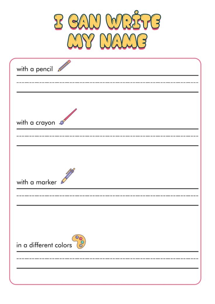 Pre-K student practicing name formation on a printable assessment worksheet