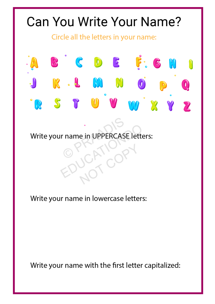 Pre-K student practicing name writing on a worksheet assessment