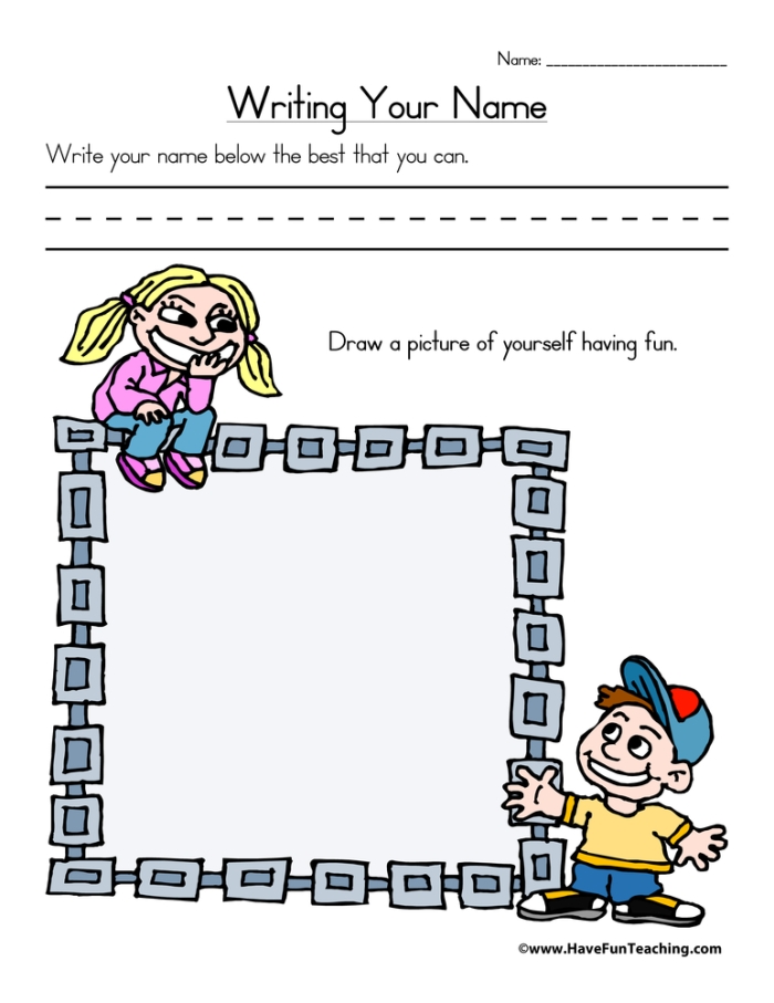 Pre-K student practicing name writing skills on a printable assessment worksheet