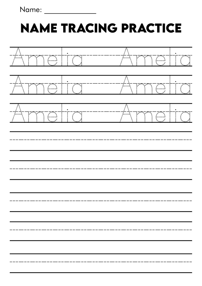 Pre-K student practicing name writing on a printable assessment worksheet