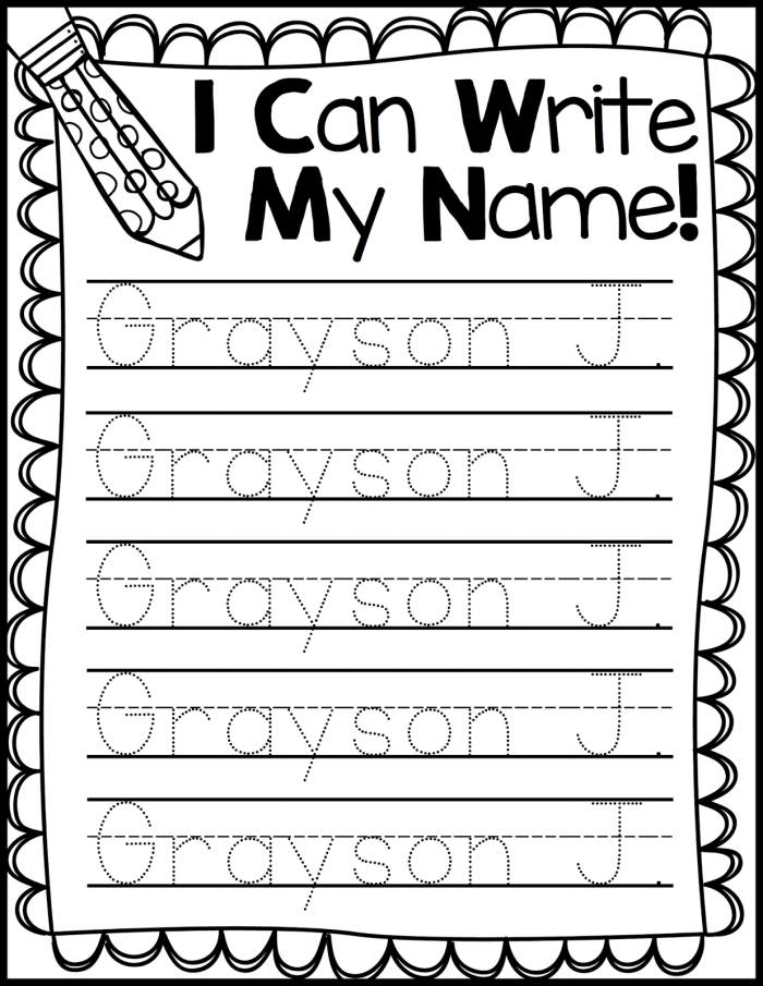 Pre-K student practicing name writing on a 15th worksheet assessment