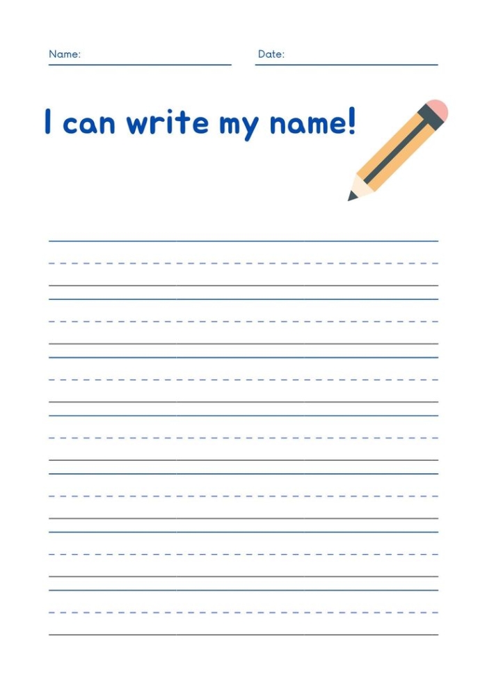 Pre-K student practicing name writing on a 24th assessment worksheet