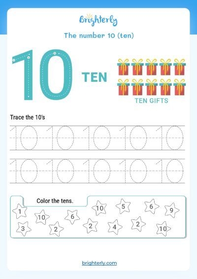 Pre-K worksheet helping children learn to count and trace the number 10
