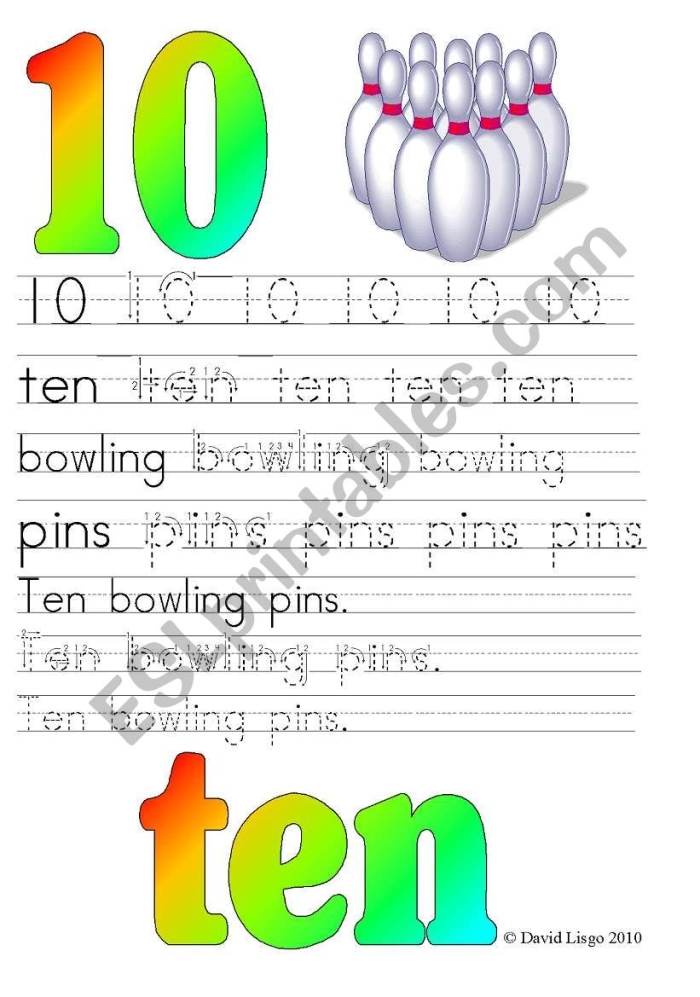 Pre-K worksheet helping children learn to identify and write the number 10