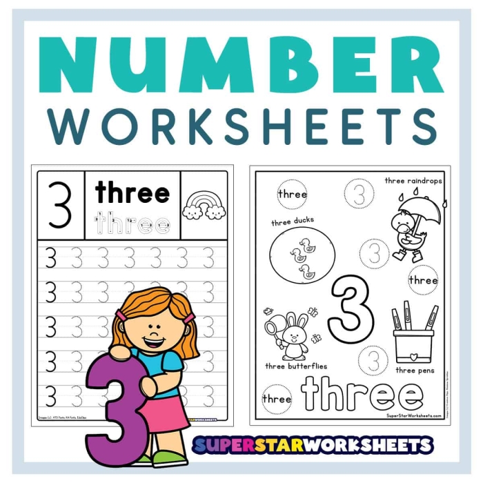Worksheet for teaching the number 3 to Pre-K children