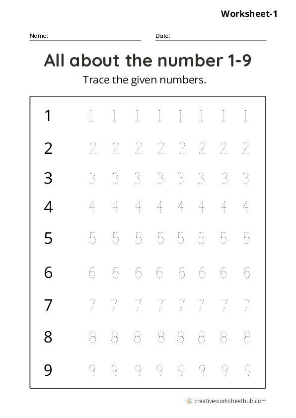 Pre-K math worksheet for tracing and counting the number 9