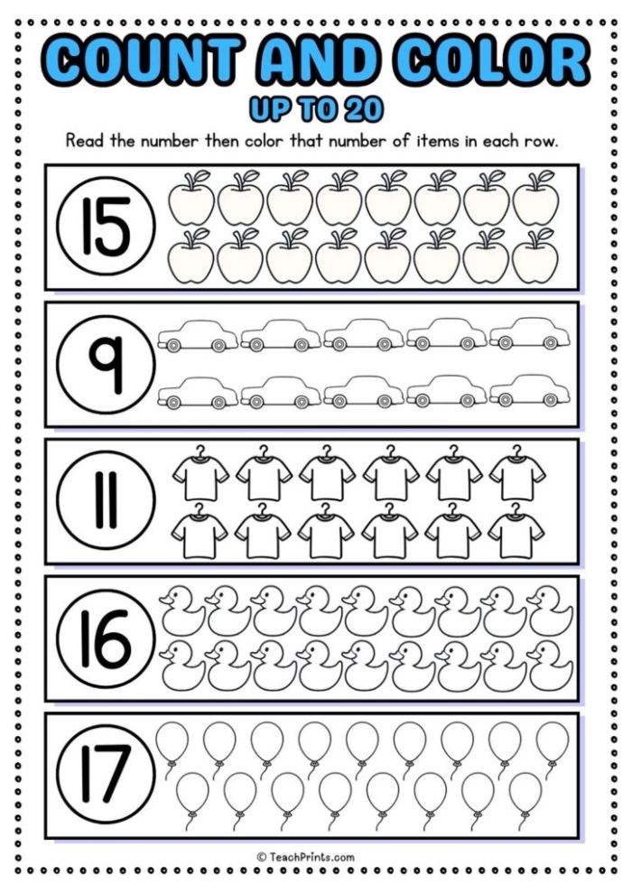 Pre-K Algebra Worksheet Counting to 20 Assessment Number 1 Counting to 20 assessment worksheet for pre-k students to practice number recognition