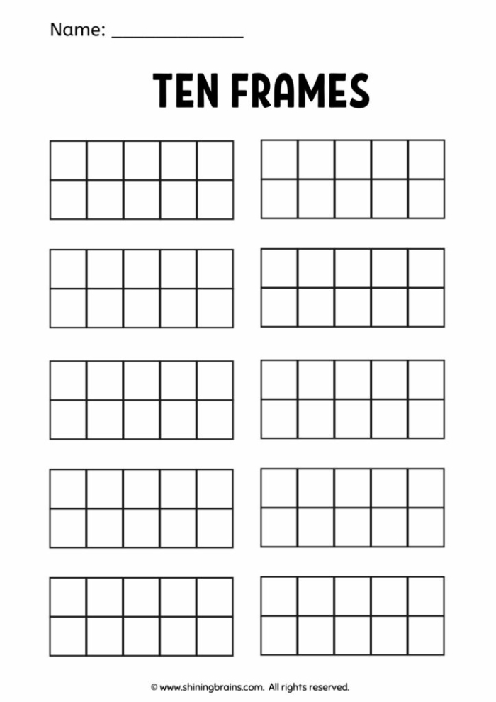 Practice counting to ten using this interactive ten frame worksheet activity for early learners Ten frame counting mat with empty boxes for pre-kindergarten students learning number recognition and counting skills