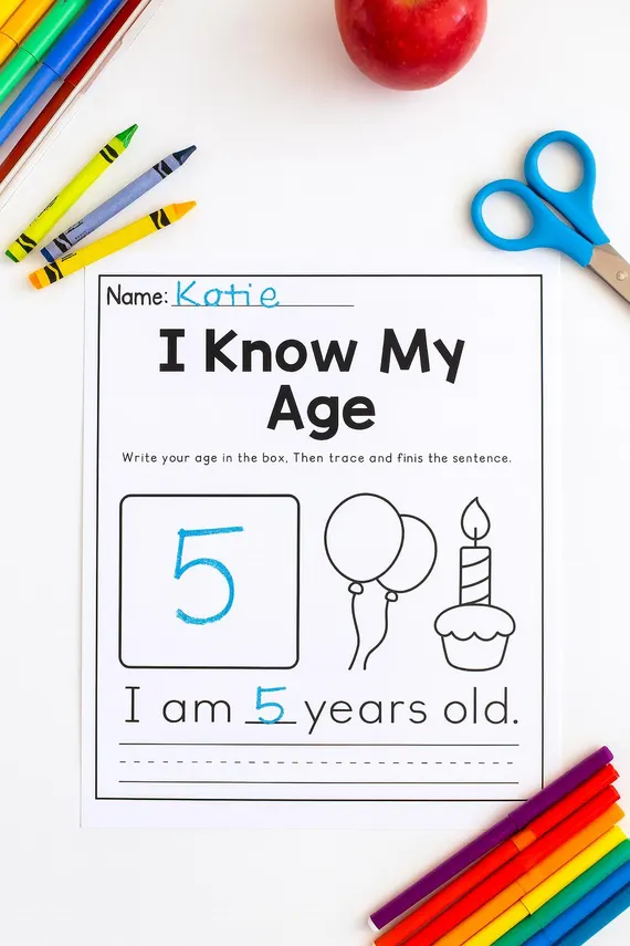 Preschooler tracing and counting practice page for the number five