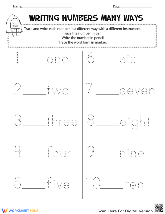 Writing Numbers Many Ways worksheet for Pre-K