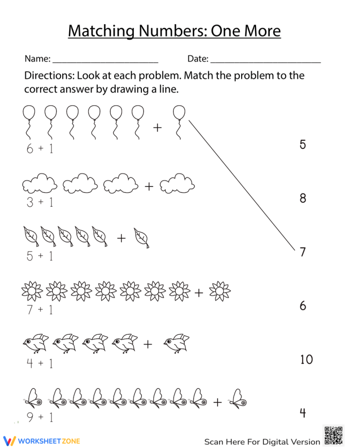 Matching Numbers One More Worksheet 16 for Pre-K Writing Practice Pre-K worksheet showing a number matching exercise for adding one more to a digit