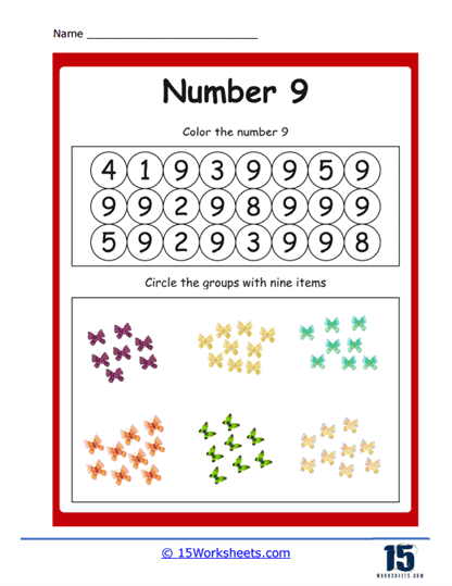 Worksheet featuring the number 9 for early math learning in Pre-K