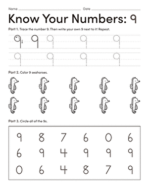Illustration of a Pre-K worksheet focused on learning the number 1 through mixed operations