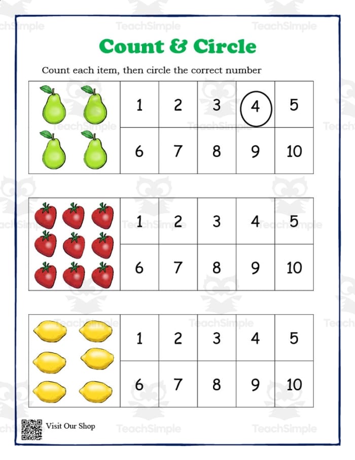 Pre-K math worksheet for identifying and circling numbers zero through ten