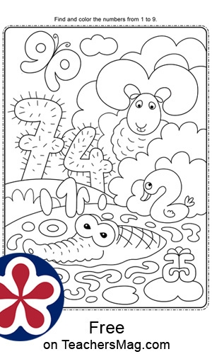 Pre-K students coloring nursery rhyme characters while counting numbers 1 to 10 on worksheet 20